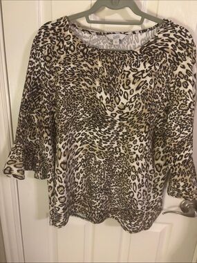 Croft & Barrow Shirt Women's XL 3/4 Sleeve Cheetah Boat Neck Shirt Top
